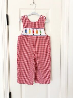 Toddler Boy Red Gingham Smocked Pencil Appliqué Kids Overalls back to school